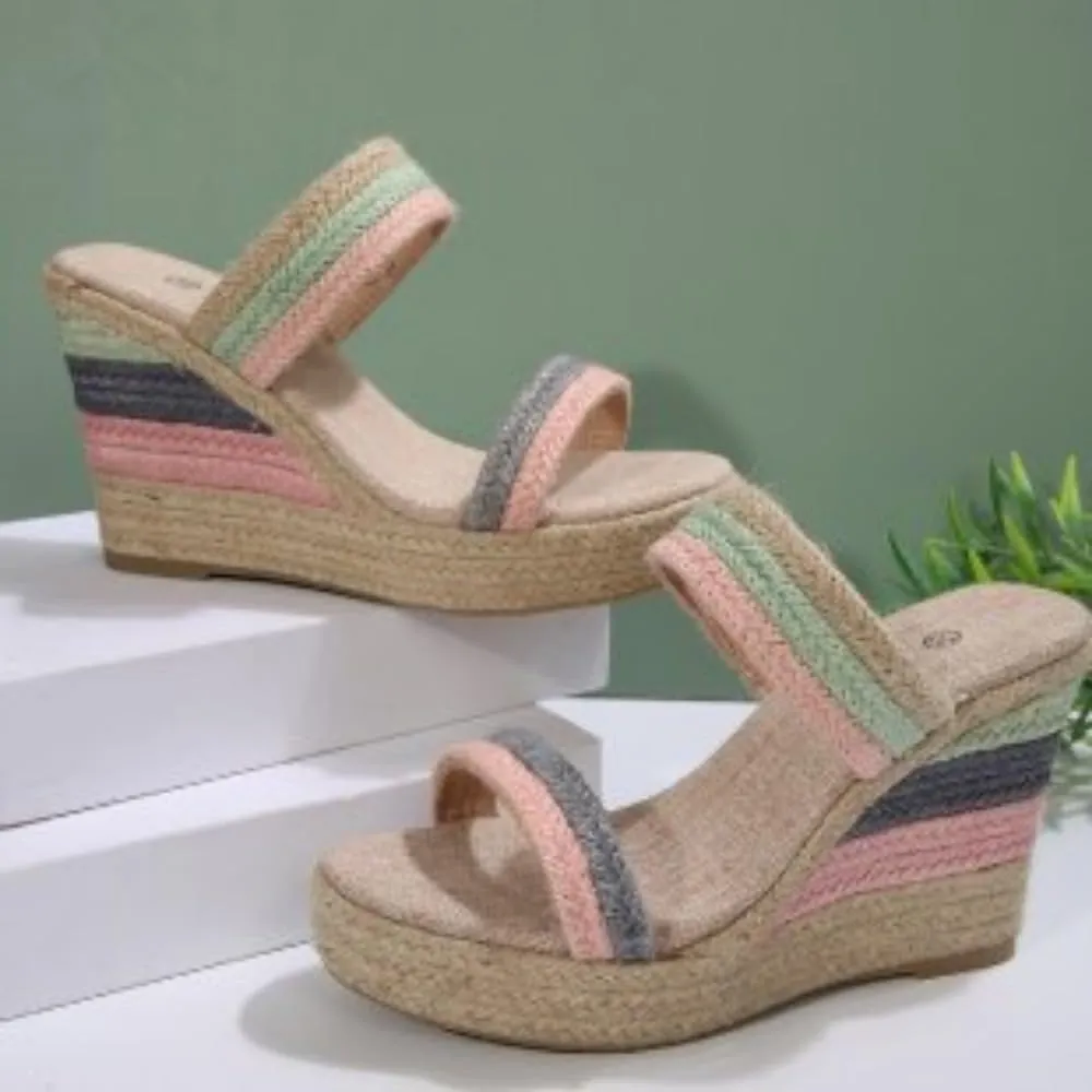 Rattan Sandals Raffia Wedge Espadrilles for Women Girls Platform Colorful Dress Shoes Slip on Casual House Slippers Lightweight Breathable Open Toes Casual Walking Slides Summer Beach Party Vacation