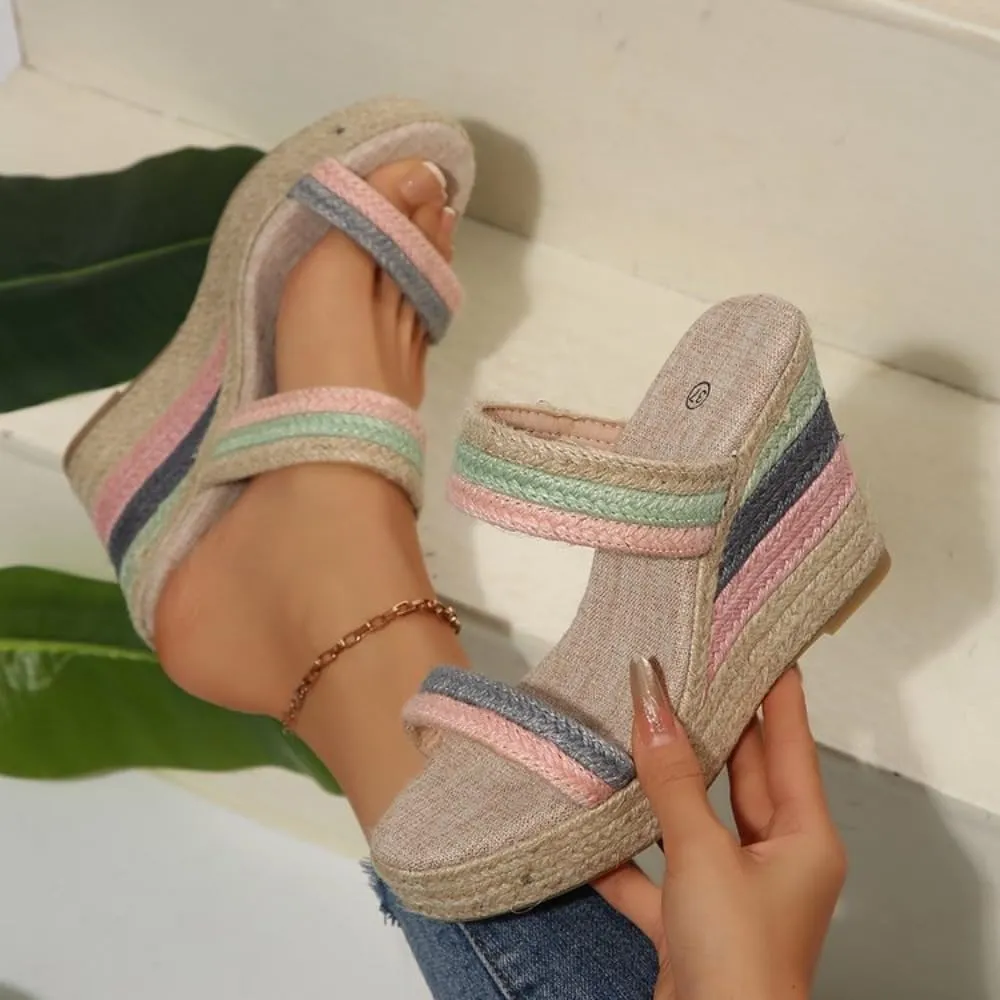 Rattan Sandals Raffia Wedge Espadrilles for Women Girls Platform Colorful Dress Shoes Slip on Casual House Slippers Lightweight Breathable Open Toes Casual Walking Slides Summer Beach Party Vacation