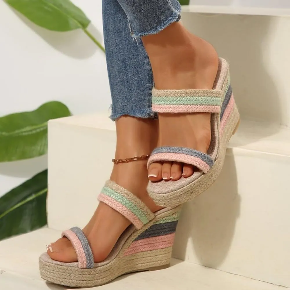 Rattan Sandals Raffia Wedge Espadrilles for Women Girls Platform Colorful Dress Shoes Slip on Casual House Slippers Lightweight Breathable Open Toes Casual Walking Slides Summer Beach Party Vacation
