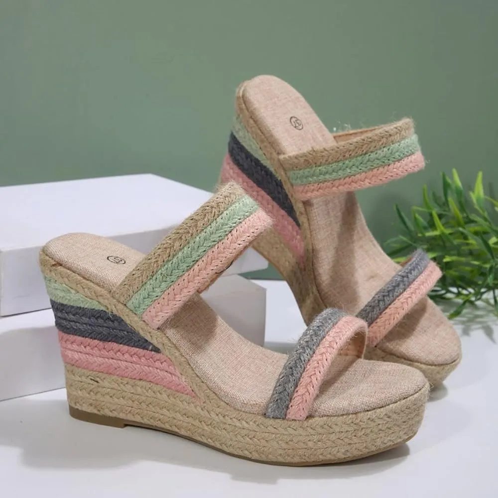 Rattan Sandals Raffia Wedge Espadrilles for Women Girls Platform Colorful Dress Shoes Slip on Casual House Slippers Lightweight Breathable Open Toes Casual Walking Slides Summer Beach Party Vacation