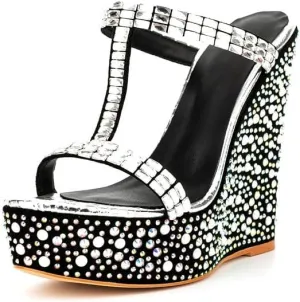 sexytag Women's Wedge Platform Sandals Crystal Rhinestone T-strap Open Toe Slip On Mules