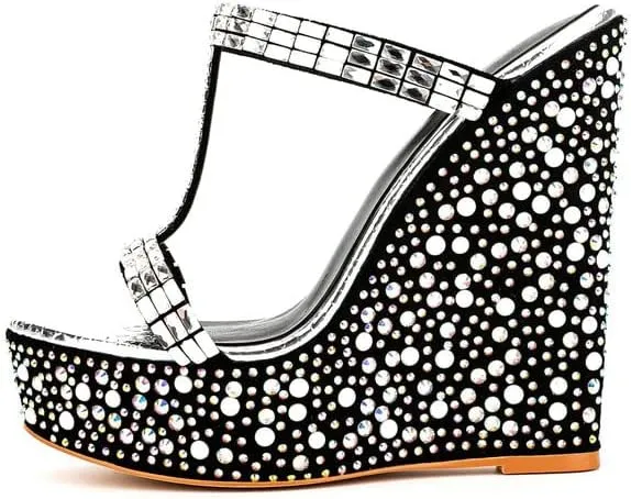 sexytag Women's Wedge Platform Sandals Crystal Rhinestone T-strap Open Toe Slip On Mules