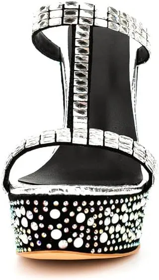 sexytag Women's Wedge Platform Sandals Crystal Rhinestone T-strap Open Toe Slip On Mules