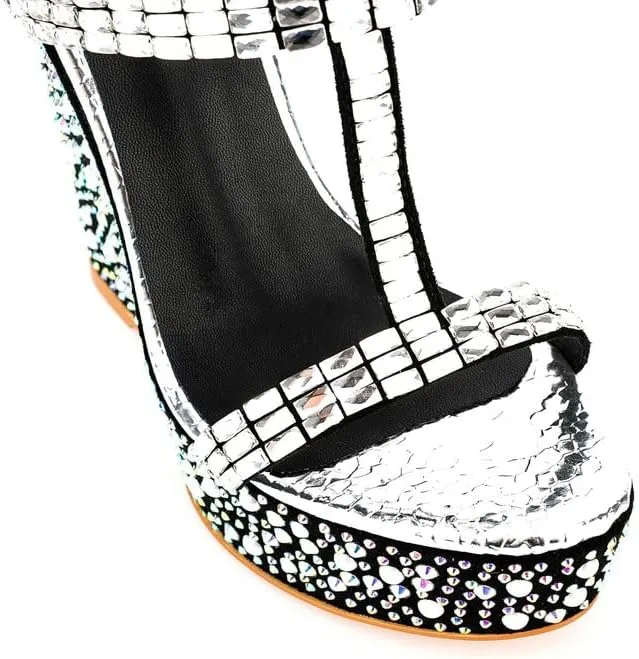 sexytag Women's Wedge Platform Sandals Crystal Rhinestone T-strap Open Toe Slip On Mules