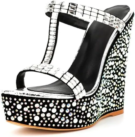 sexytag Women's Wedge Platform Sandals Crystal Rhinestone T-strap Open Toe Slip On Mules