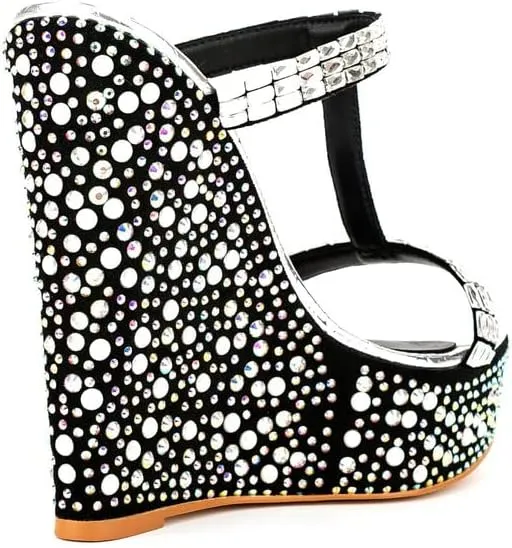 sexytag Women's Wedge Platform Sandals Crystal Rhinestone T-strap Open Toe Slip On Mules