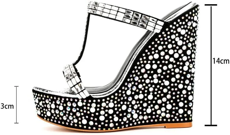 sexytag Women's Wedge Platform Sandals Crystal Rhinestone T-strap Open Toe Slip On Mules