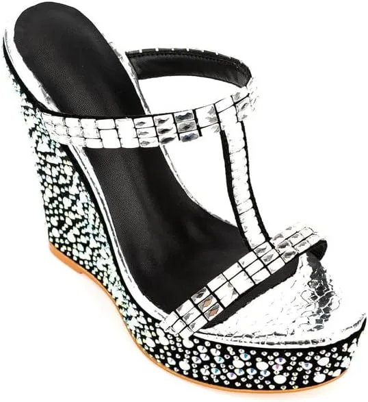 sexytag Women's Wedge Platform Sandals Crystal Rhinestone T-strap Open Toe Slip On Mules