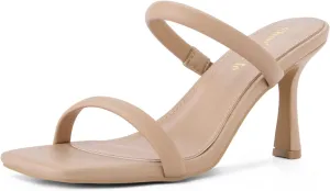 Shoe'N Tale Women's Strappy Heels Kitten Heeled Mules Two Straps Square Open Toe Slip On Sandals