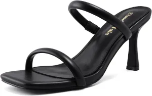 Shoe'N Tale Women's Strappy Heels Kitten Heeled Mules Two Straps Square Open Toe Slip On Sandals