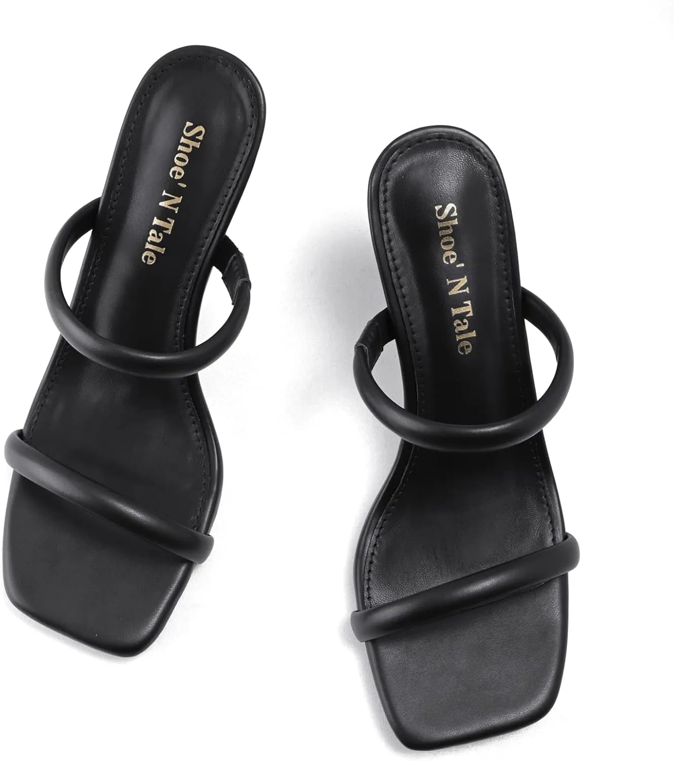 Shoe'N Tale Women's Strappy Heels Kitten Heeled Mules Two Straps Square Open Toe Slip On Sandals
