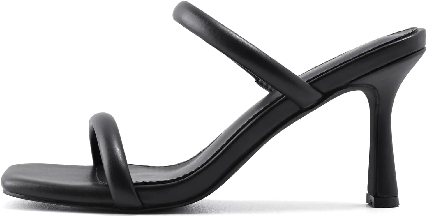 Shoe'N Tale Women's Strappy Heels Kitten Heeled Mules Two Straps Square Open Toe Slip On Sandals