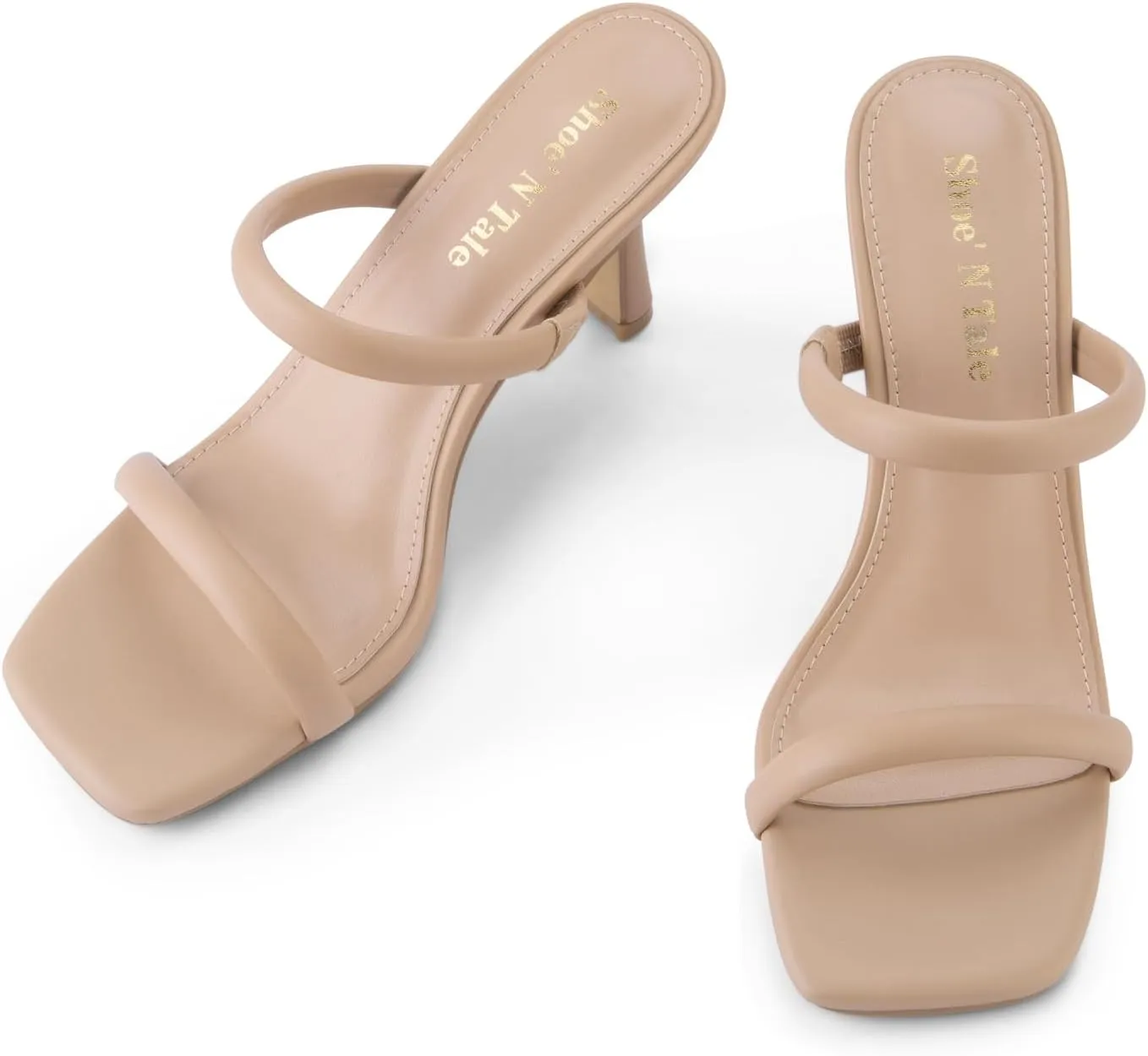 Shoe'N Tale Women's Strappy Heels Kitten Heeled Mules Two Straps Square Open Toe Slip On Sandals