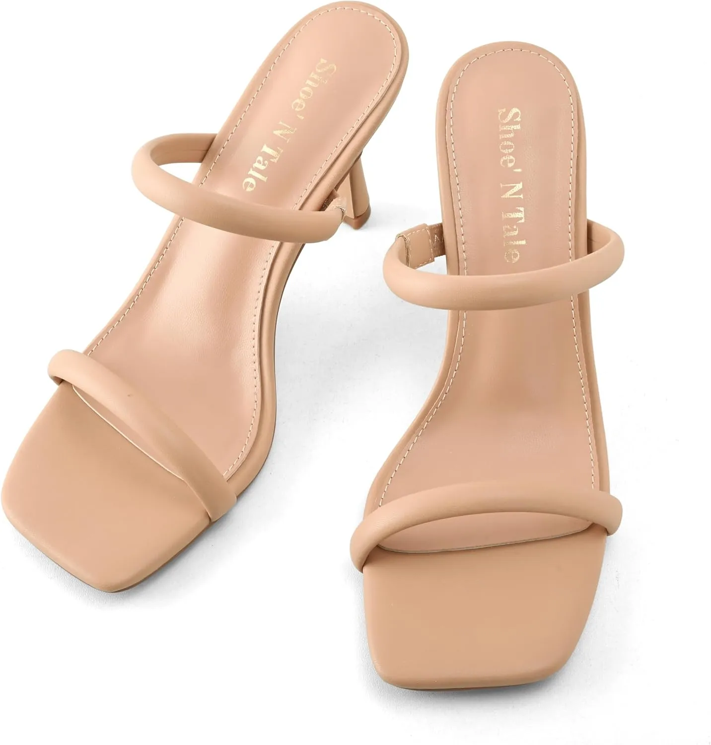 Shoe'N Tale Women's Strappy Heels Kitten Heeled Mules Two Straps Square Open Toe Slip On Sandals