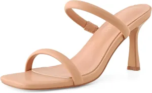 Shoe'N Tale Women's Strappy Heels Kitten Heeled Mules Two Straps Square Open Toe Slip On Sandals