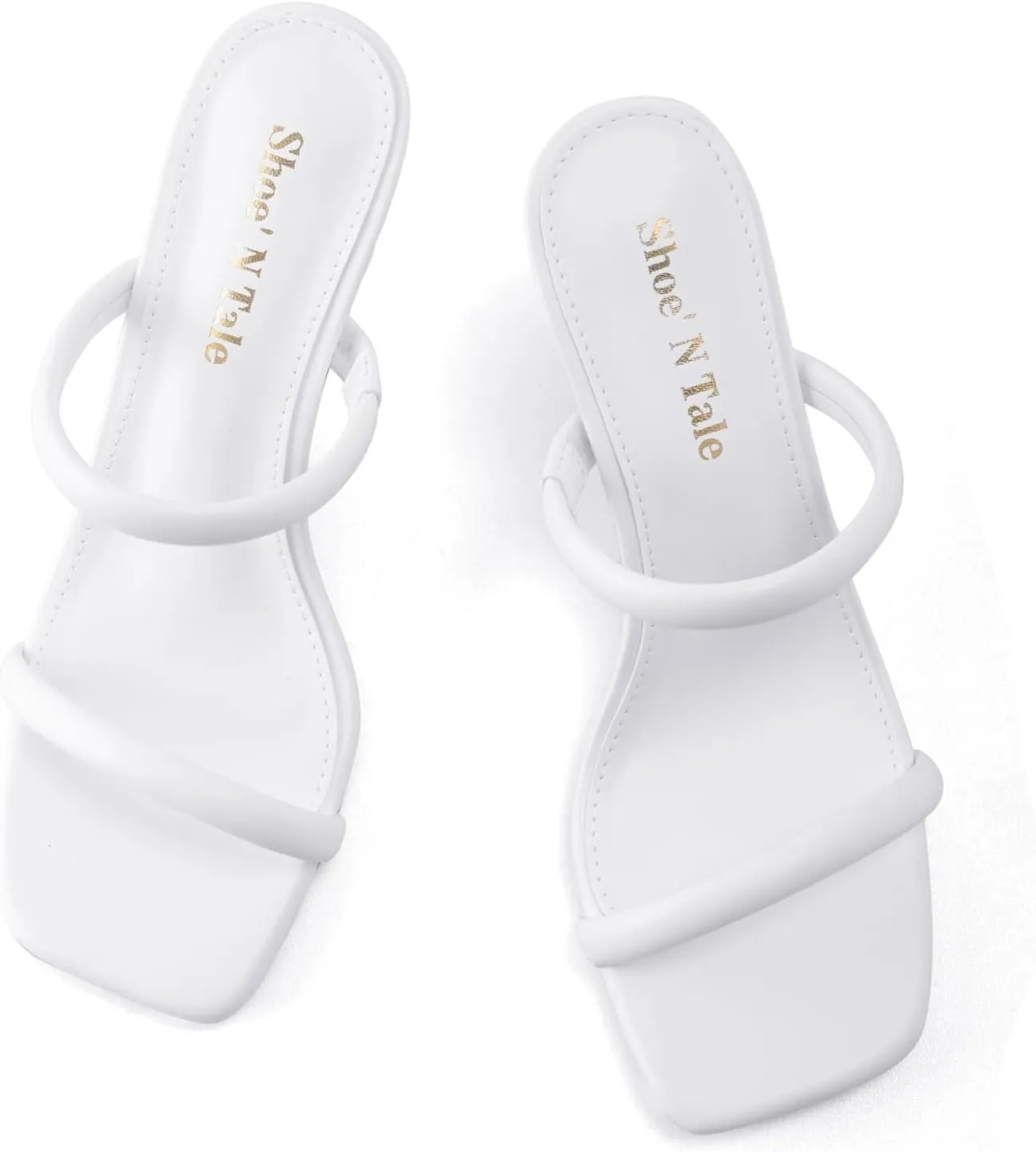 Shoe'N Tale Women's Strappy Heels Kitten Heeled Mules Two Straps Square Open Toe Slip On Sandals