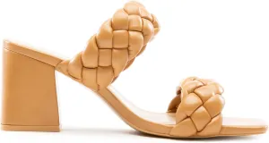 Soda Mostly ~ Women's Braided Open Toe Double Strap Stacked Heels, 7, Camel