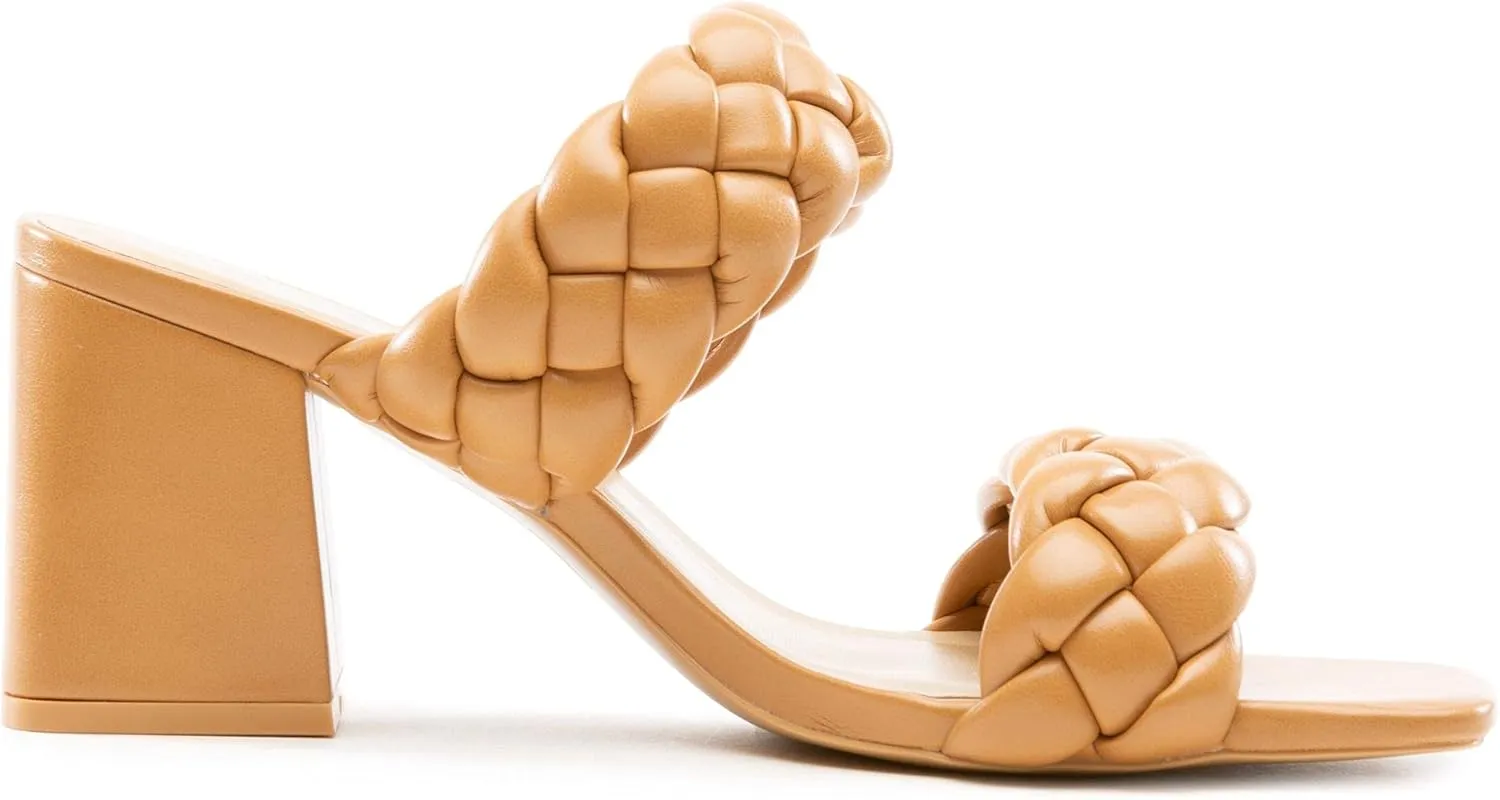 Soda Mostly ~ Women's Braided Open Toe Double Strap Stacked Heels, 7, Camel