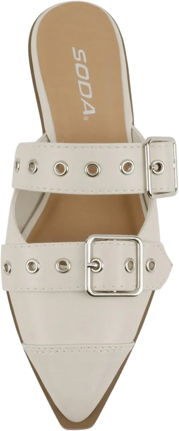 Soda Usual ~ Women Pointed Toe Slip-On Low Heel Mule with Buckle Straps