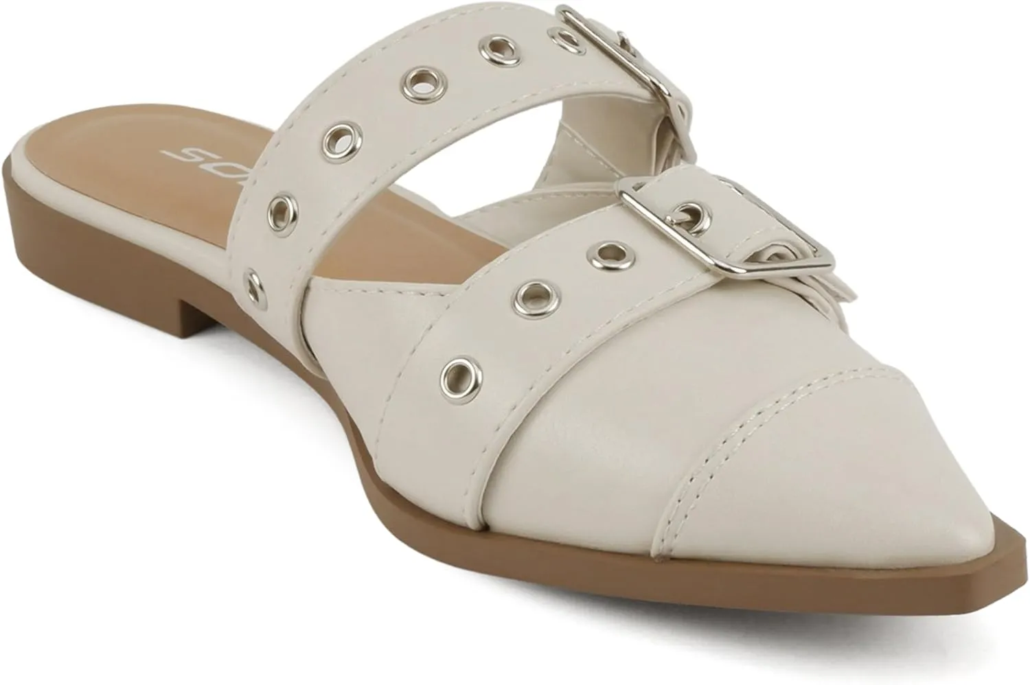 Soda Usual ~ Women Pointed Toe Slip-On Low Heel Mule with Buckle Straps