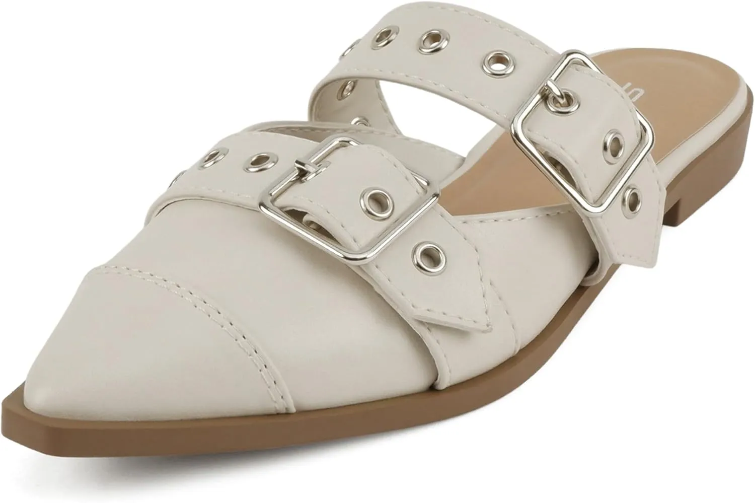 Soda Usual ~ Women Pointed Toe Slip-On Low Heel Mule with Buckle Straps