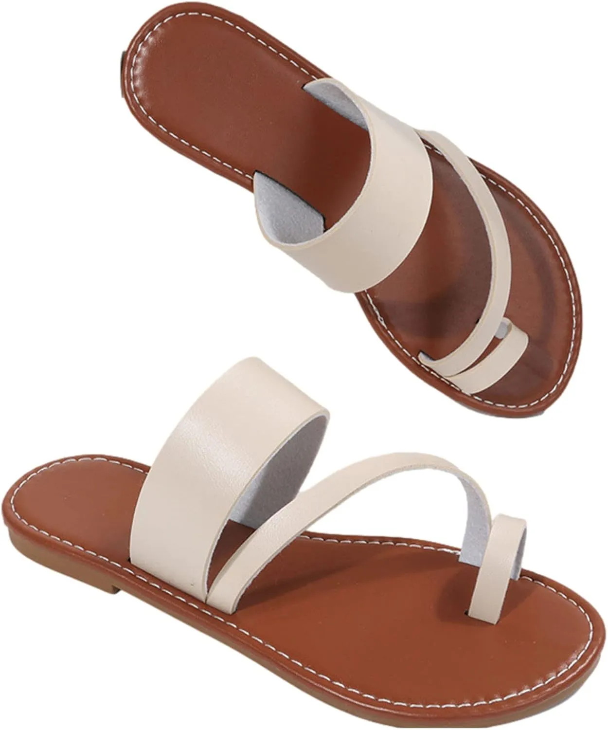 Summer Womens Casual Flat Sandals Vintage Straps Toe Ring Clip Toe Slip on Slides Lightweight Outdoor Slippers Comfortable Ladies Beach Shoes