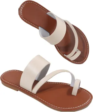 Summer Womens Casual Flat Sandals Vintage Straps Toe Ring Clip Toe Slip on Slides Lightweight Outdoor Slippers Comfortable Ladies Beach Shoes
