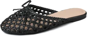 Synchoiss Woven Flat Sandals for Women Slip on Mesh Flats with Bow Knot Decoration Round Toe Espadrilles Slides Summer Mules Trendy