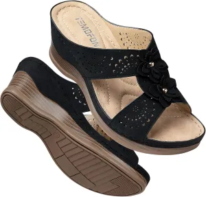 TEMOFON Womens Wedge Sandals Leather: Dressy Sandal, Rubber Sole, Comfortable Walking, Casual Slip on Summer Shoes, Size 5-11