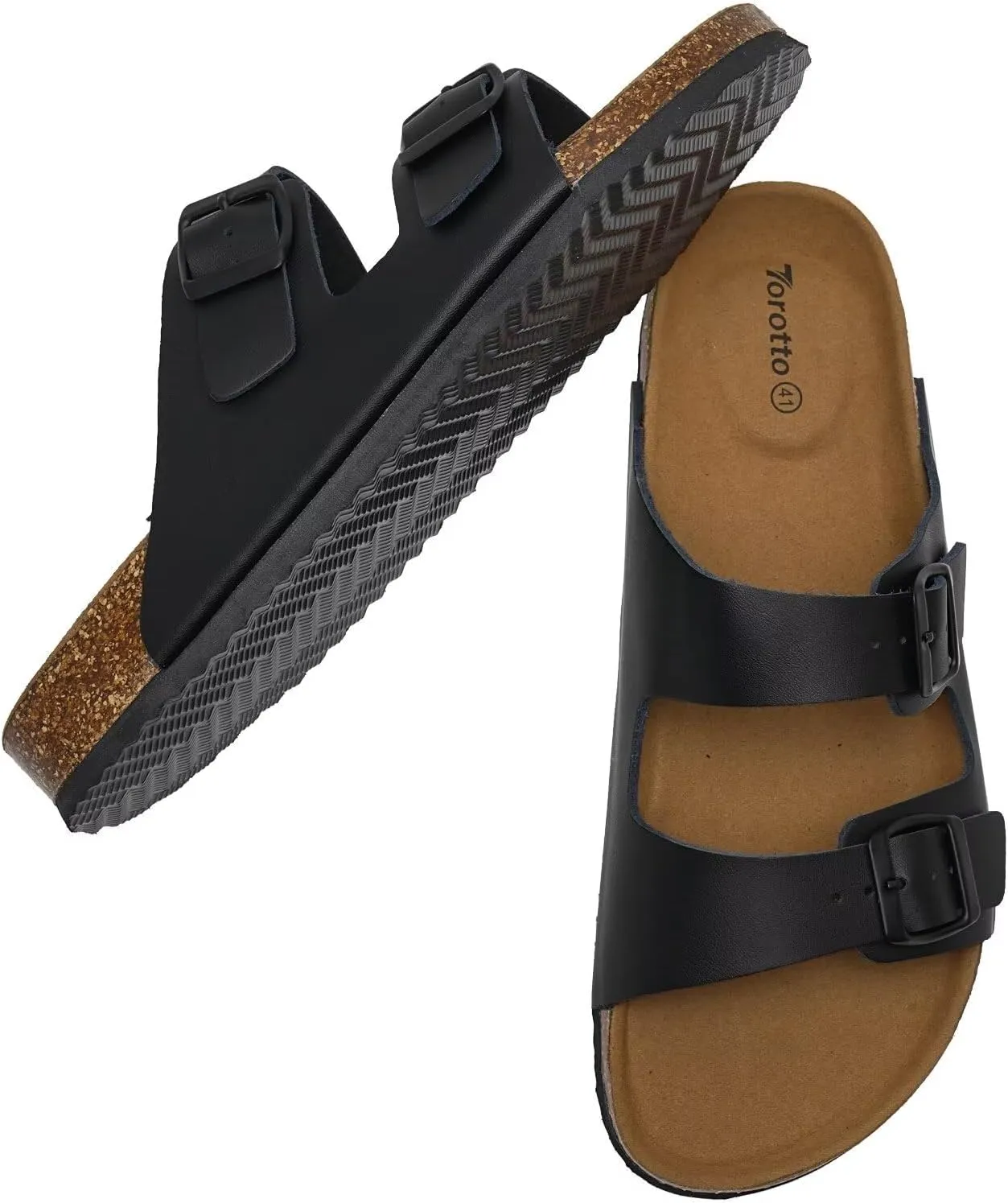 Torotto Genuine Leather Mens Slides with Cork Footbed Open Toe Adjustable Webbing Flat Sandals for Walking | Beach | Indoor