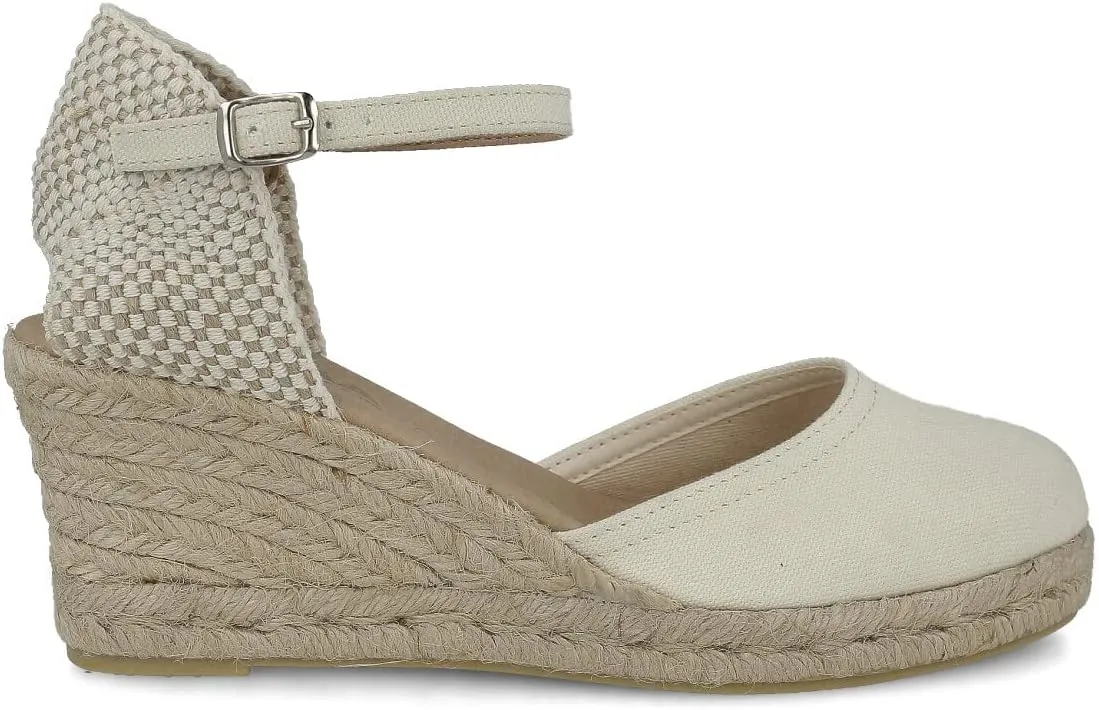 Wedge Sandals for Women. Made in Spain. Classic 5 Strings Height. Jute Espadrille with Buckle. Padded Fabric Insole. Rubber Outsole.
