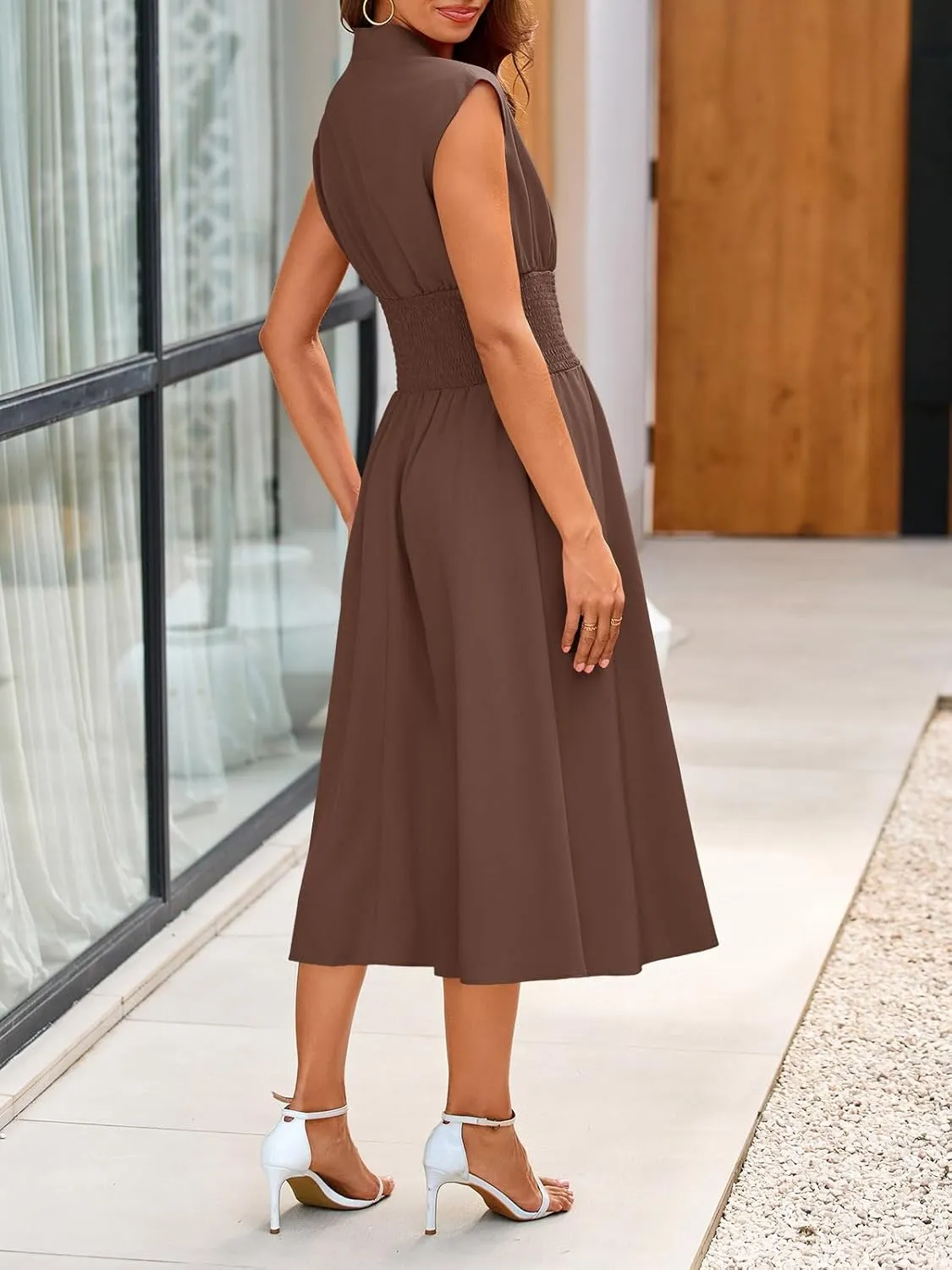Wenrine Womens Summer Smocked Midi Dress Casual Zipper V Neck Cap Sleeve High Slit Flowy Long Dresses