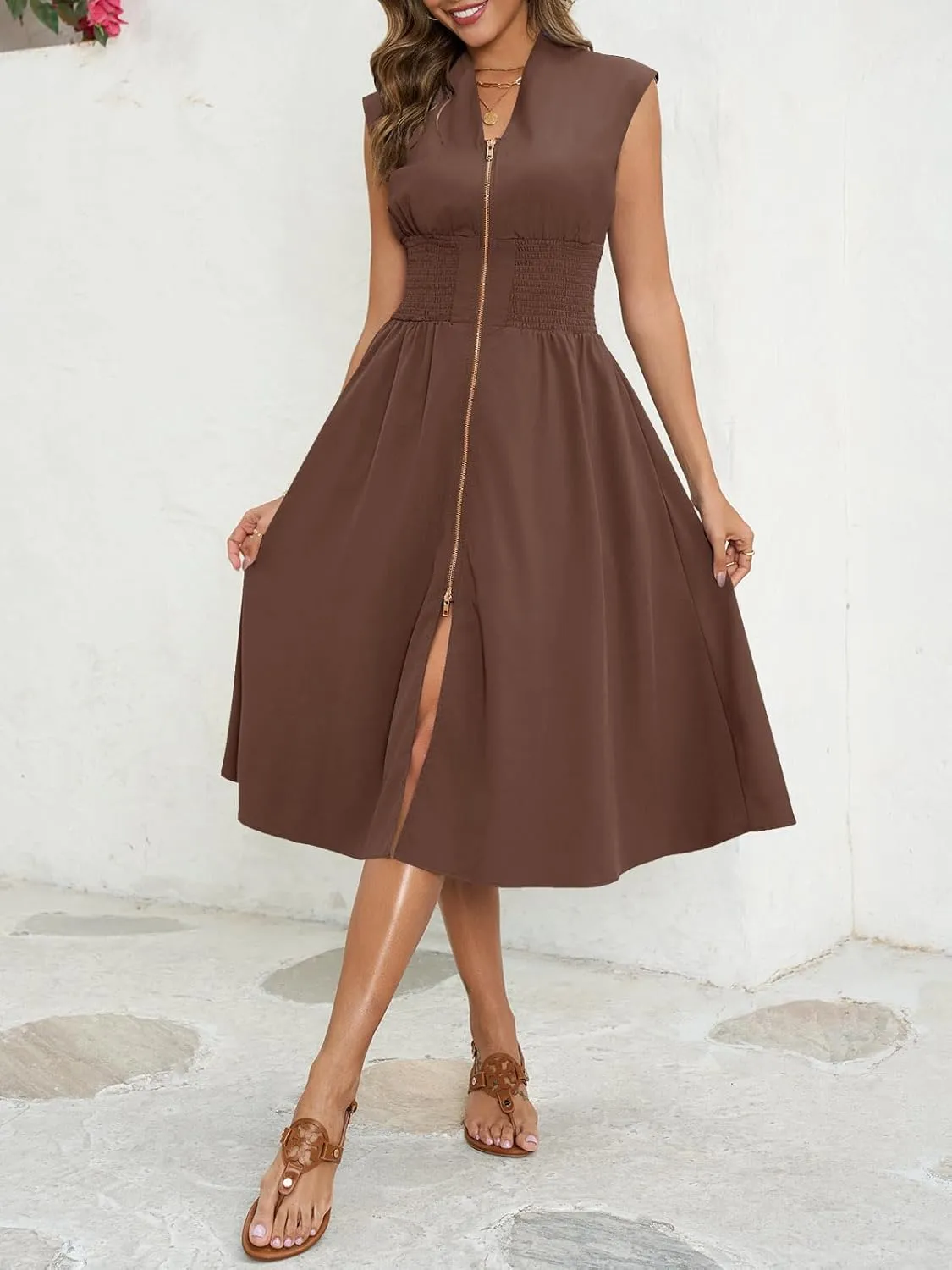 Wenrine Womens Summer Smocked Midi Dress Casual Zipper V Neck Cap Sleeve High Slit Flowy Long Dresses