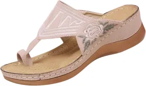 Women Comfortable Wedge Flip Flop Orthopedic Sandals Summer Casual Flower Embroidered Thong Clip Toe Slip-on Slipper Ergonomic Soles Slides Beach Shoes
