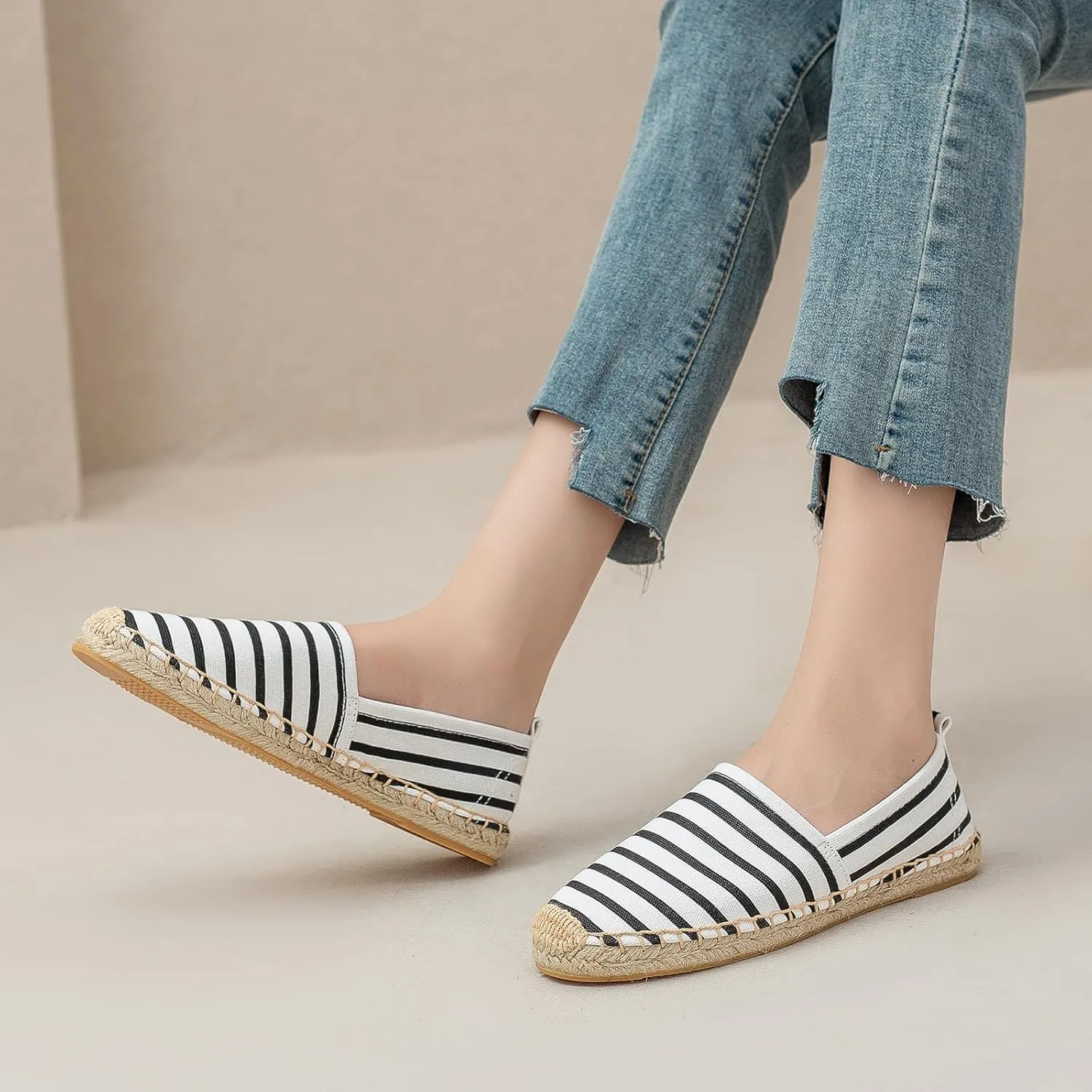 Women's Espadrilles Loafers Closed Toe Comfortable Canvas Flats Slip-on Spring Casual Espadrille Sole Flat Shoes