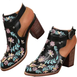 Women's Floral Embroidered Ankle Boots Round Toe Buckled Backless Western Vintage Wooden Chunky Heeled Shorts Booties