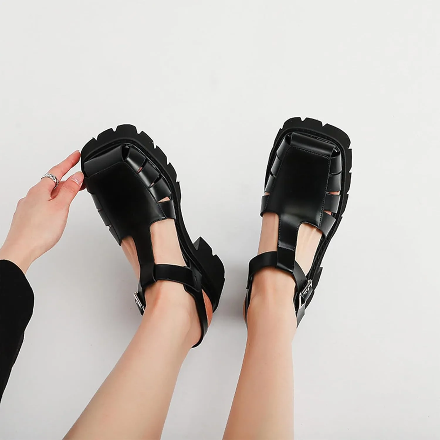 Women'S Hollow Platform Roman Sandals Retro Square Head Braided Chunky Heel Fisherman Sandals Adjustable Ankle Strap Fashion Closed Toe Shoes