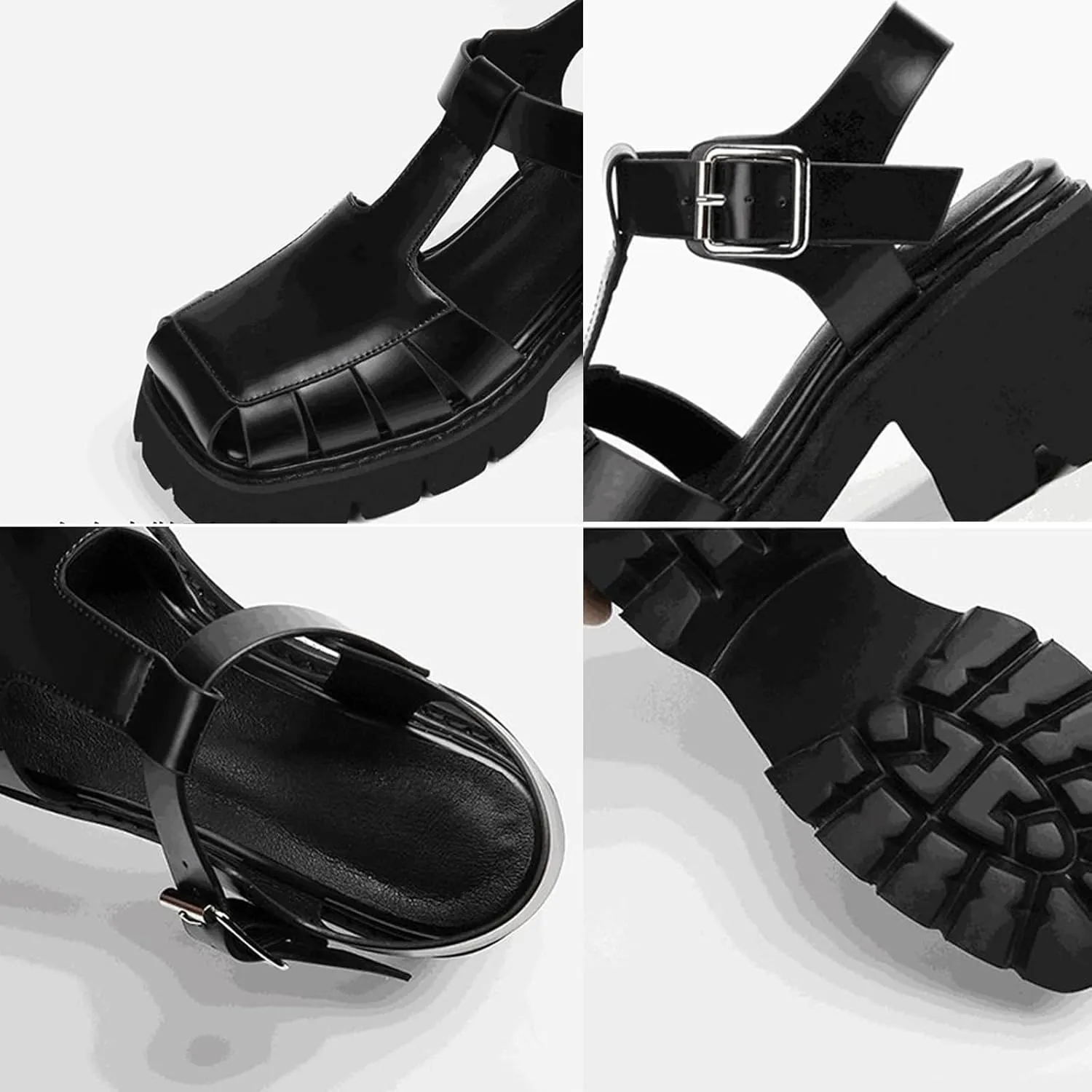 Women'S Hollow Platform Roman Sandals Retro Square Head Braided Chunky Heel Fisherman Sandals Adjustable Ankle Strap Fashion Closed Toe Shoes