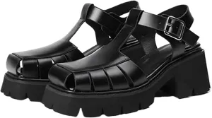 Women'S Hollow Platform Roman Sandals Retro Square Head Braided Chunky Heel Fisherman Sandals Adjustable Ankle Strap Fashion Closed Toe Shoes