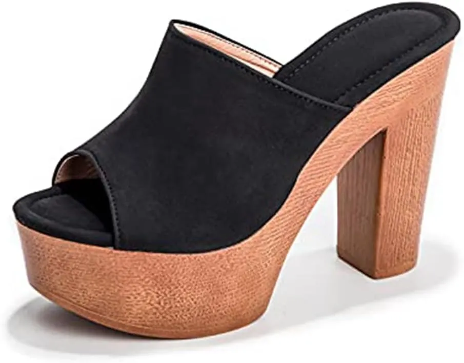 Women's Peep Toe Platform Chunky High Heel Mule Sandals Slip On Wedge Slides Sandals Comfortable Dress Sandals