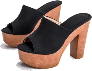 Women's Peep Toe Platform Chunky High Heel Mule Sandals Slip On Wedge Slides Sandals Comfortable Dress Sandals