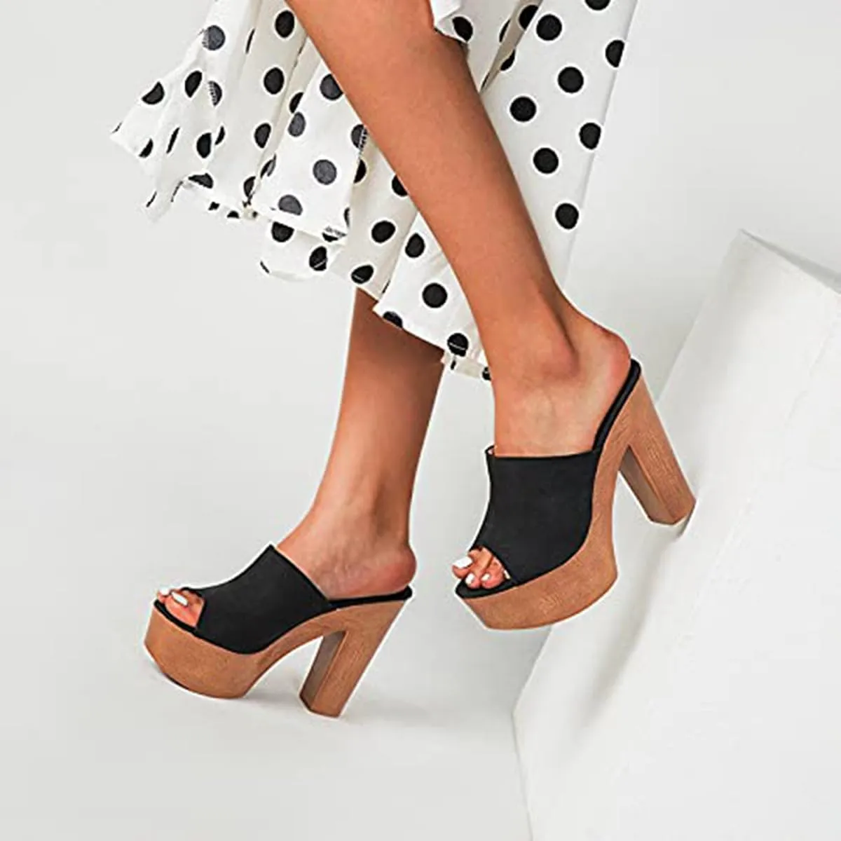Women's Peep Toe Platform Chunky High Heel Mule Sandals Slip On Wedge Slides Sandals Comfortable Dress Sandals