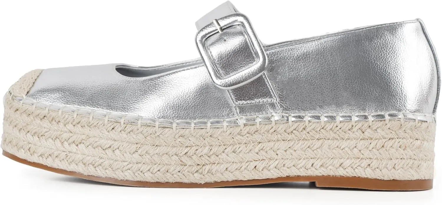 Women's Platform Mary Janes Shoes Women Espadrilles Flats Leather Round-Toe Buckle Strap Espadrilles Mary Janes for Women
