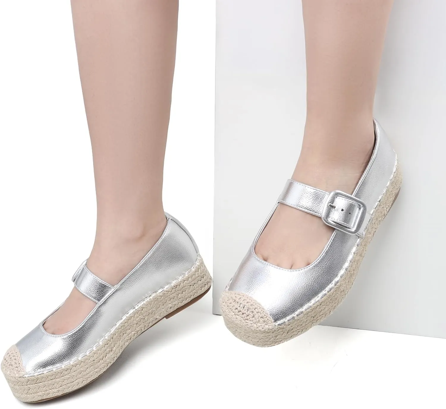 Women's Platform Mary Janes Shoes Women Espadrilles Flats Leather Round-Toe Buckle Strap Espadrilles Mary Janes for Women