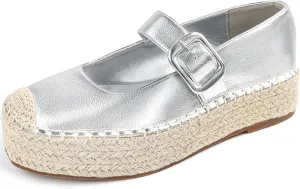 Women's Platform Mary Janes Shoes Women Espadrilles Flats Leather Round-Toe Buckle Strap Espadrilles Mary Janes for Women