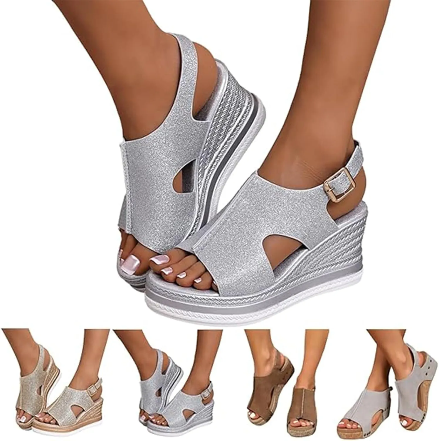 Women's Platform Wedge Sandals, Platform Wedge Sandals 2025 Summer Dressy Heels Bohemia Buckle Ankle Strap Wedge Sandal Comfortable Open-Toe Wedding Party Shoes