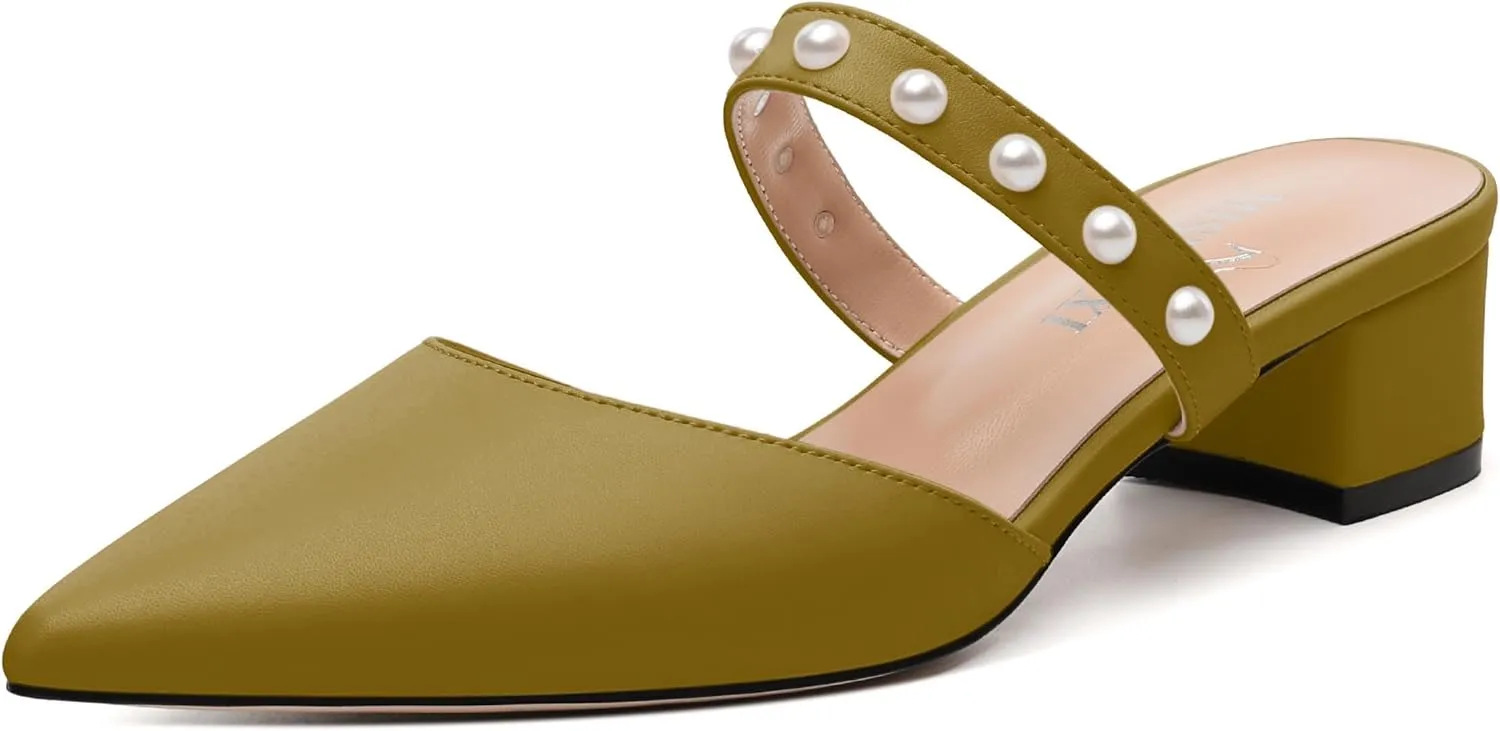 Womens Slippers Low Block Heels Pointed Toe Mule Pumps with Waist Strap Pearl Decoration Slip-on Women Sandals