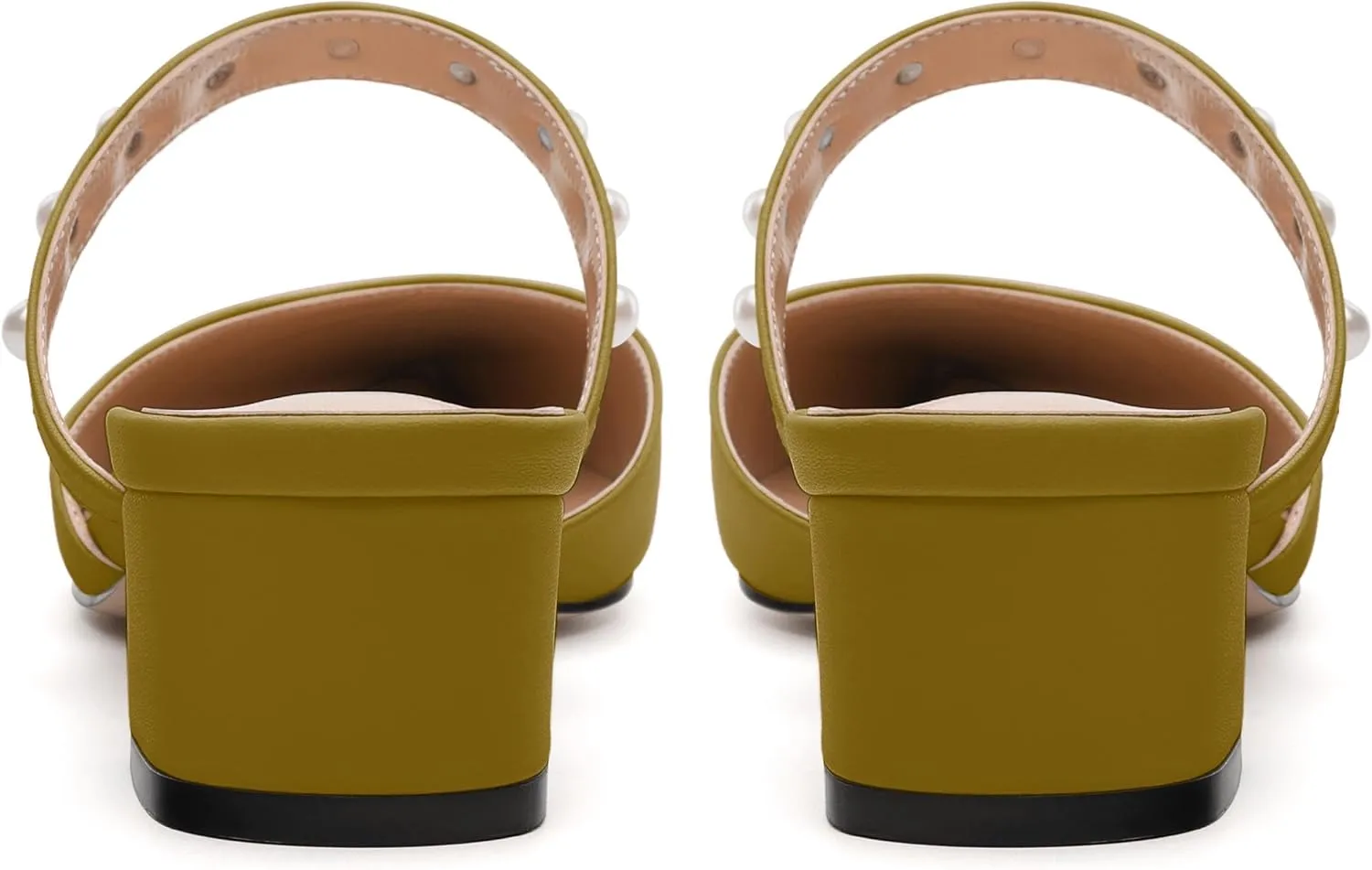 Womens Slippers Low Block Heels Pointed Toe Mule Pumps with Waist Strap Pearl Decoration Slip-on Women Sandals