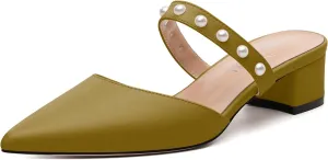 Womens Slippers Low Block Heels Pointed Toe Mule Pumps with Waist Strap Pearl Decoration Slip-on Women Sandals