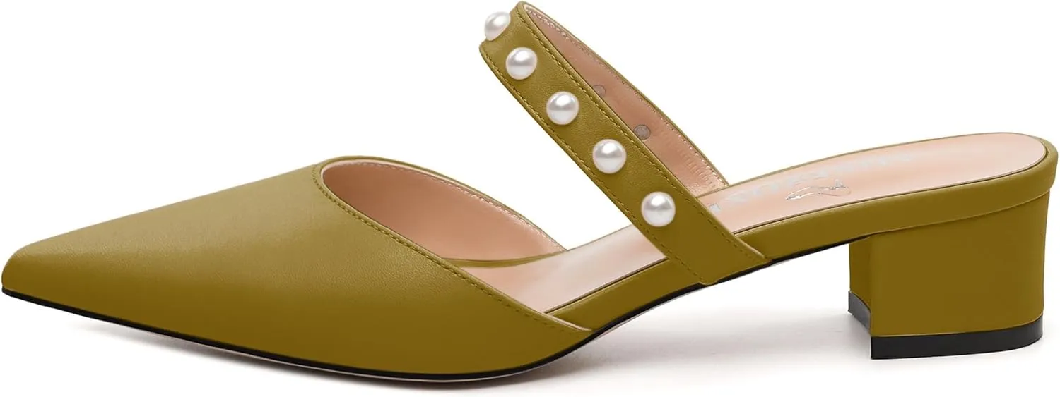 Womens Slippers Low Block Heels Pointed Toe Mule Pumps with Waist Strap Pearl Decoration Slip-on Women Sandals